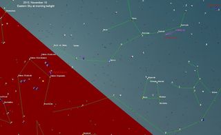 This star map (calculated for latitude 46 deg. north, time about 45 minutes before sunrise) for Nov. 10, 2013 shows the comet position of Comet C/2012 S1 (ISON). Image released Sept. 24, 2012.