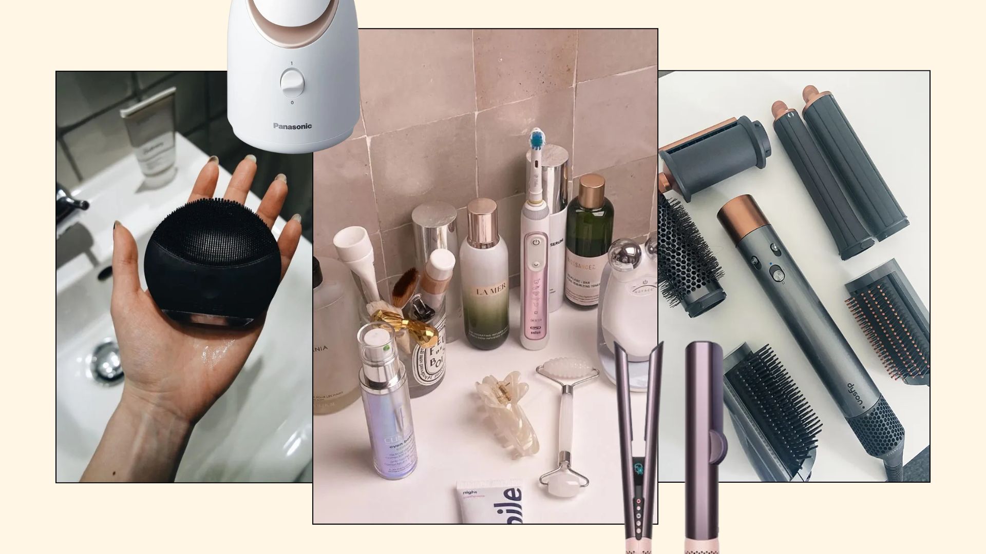 A graphic of various images of hair, skin and makeup tools