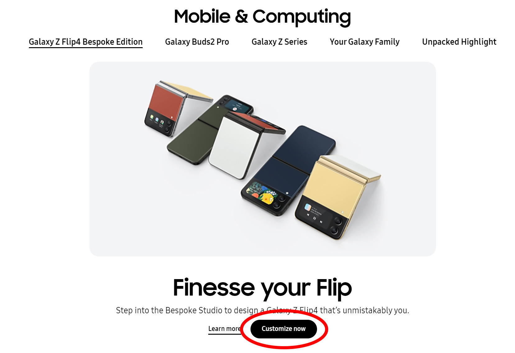 Galaxy Z Flip 4 sipariş sayfasındaki özelleştir düğmesine tıklamak