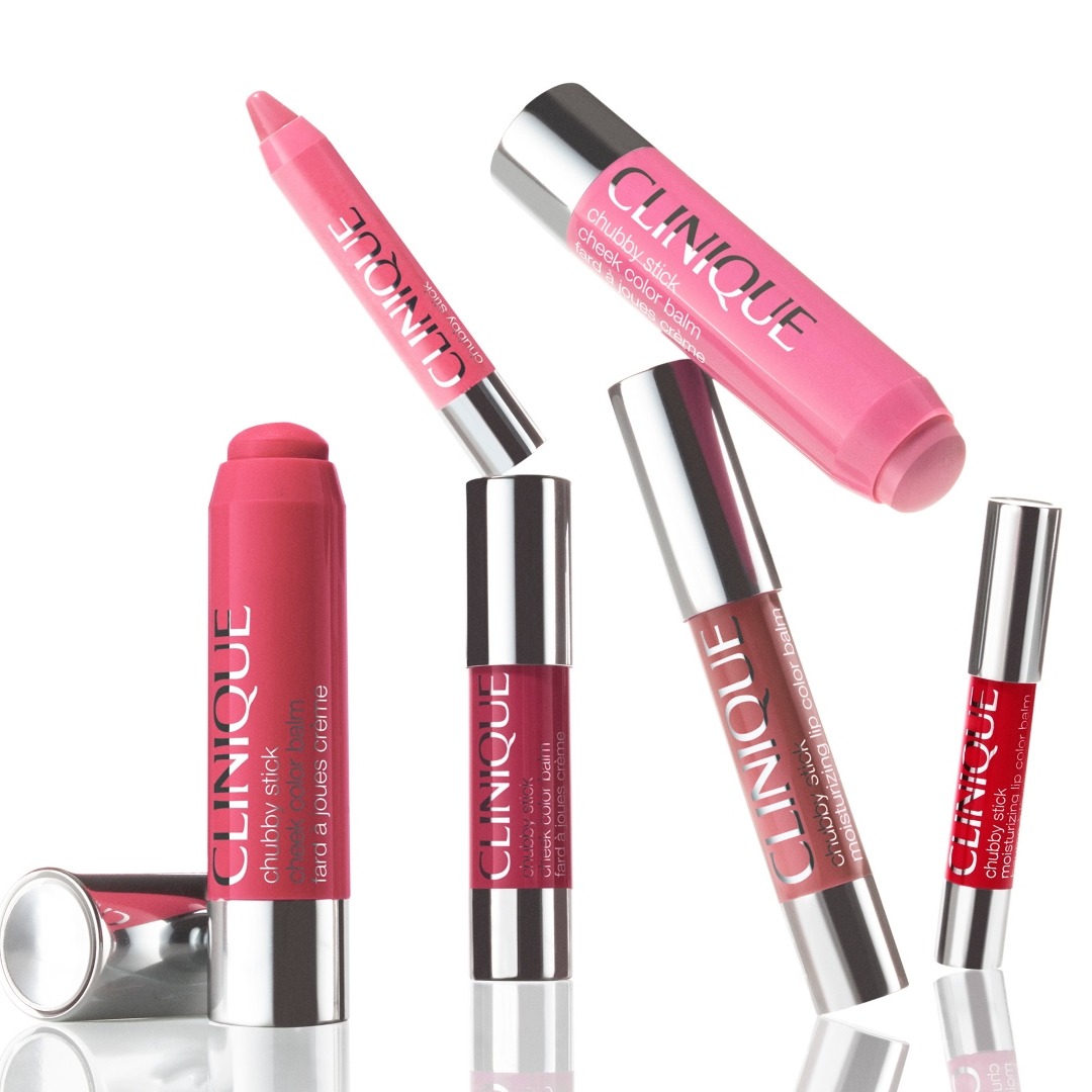 Headshots of Ariel Baker, Hannah Baxter, Julia Marzovilla next to a group shot of Clinique Chubby sticks.