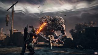 the ironeye archer class weilding a flaming bow against a big ogre