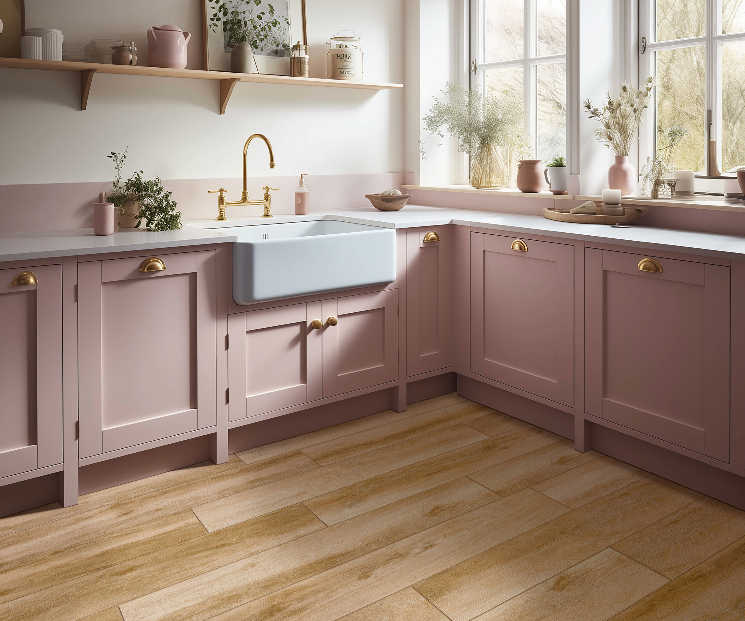 wood effect porcelain flooring in pink Shaker kitchen with brass cup handles and Belfast sink