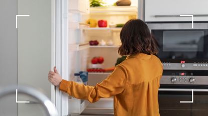woman opening fridge with various food items in it