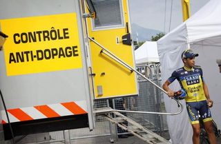 A visit to doping controls for stage 17 runner-up Alberto Contador (Saxo-Tinkoff)