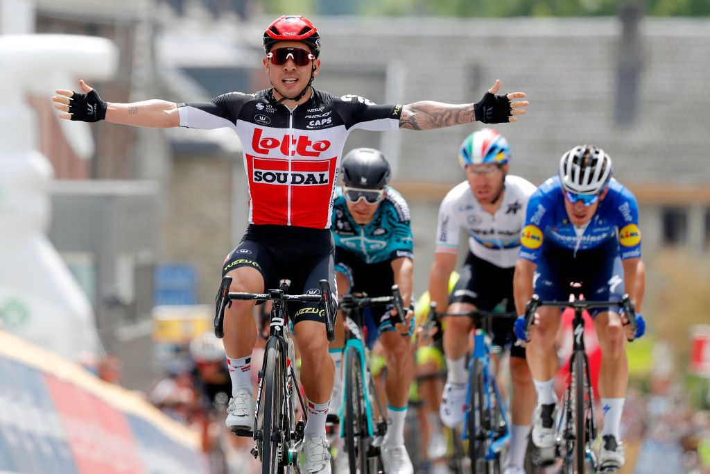 HAMOIR BELGIUM JUNE 12 Caleb Ewan of Australia and Team Lotto Soudal celebrates at arrival during the 90th Baloise Belgium Tour 2021 Stage 4 a 1527km stage from Hamoir to Hamoir baloisebelgiumtour on June 12 2021 in Hamoir Belgium Photo by Bas CzerwinskiGetty Images