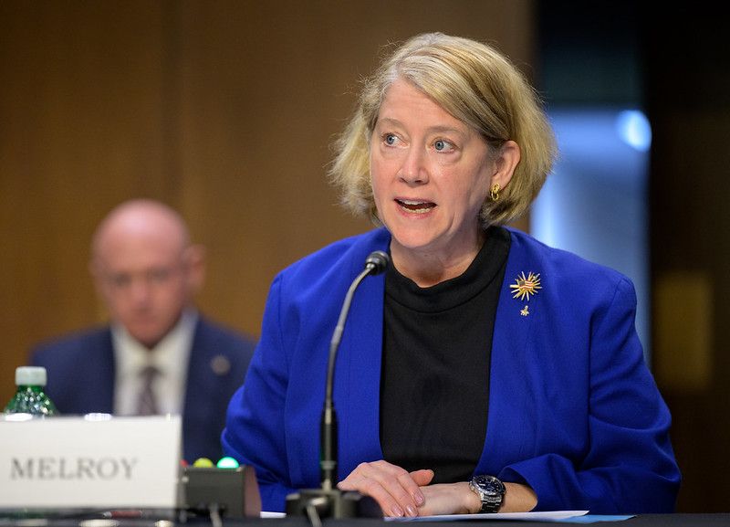 Former astronaut Pam Melroy, President Biden’s nominee to be the next deputy administrator of NASA, appears before the Senate Committee on Commerce, Science, and Transportation, Thursday, May 20, 2021, at the Hart Senate Office Building in Washington. 