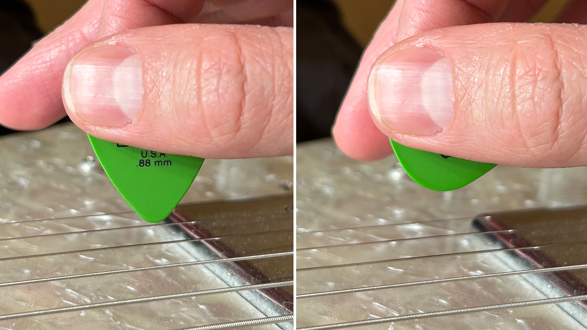 Close up of holding a guitar pick in two different ways