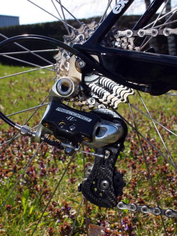 A standard Campagnolo Record rear derailleur is bolted to a replaceable hanger.