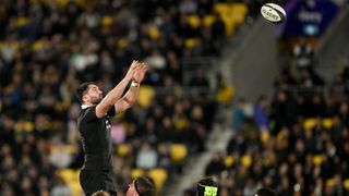 Luke Jacobson of New Zealand challenging for the ball at a line out during the 2026 Nations Championship