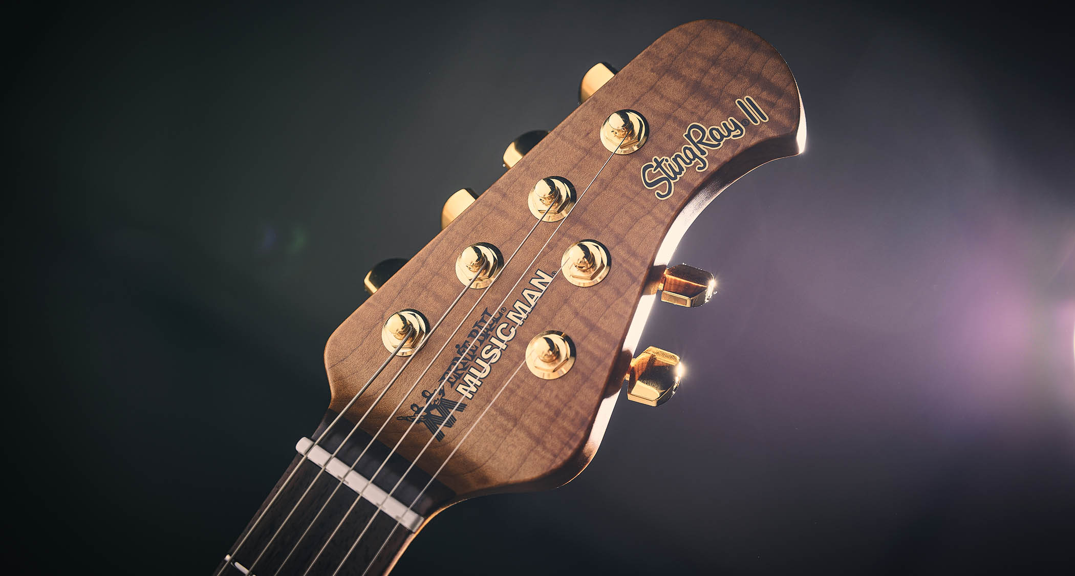 The headstock of the Ernie Ball Music Man Cory Wong StingRay II