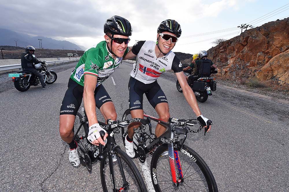 Edvald Boasson celebrates with his Dimension Data teammate Serge Pauwels