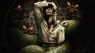 A promotional image for the game Caput Mortum, showing a mysterious man wielding a dagger, and trapped by a giant snake