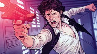 Han Solo charges with a blaster in this Star Wars: Unlimited card art