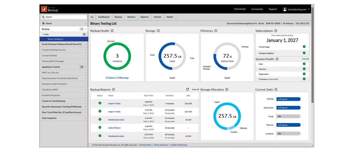 The dashboard for the Barracuda Backup Vx