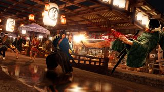 Ryoma sends an enemy flying using a gun in town, in Like a Dragon: Ishin