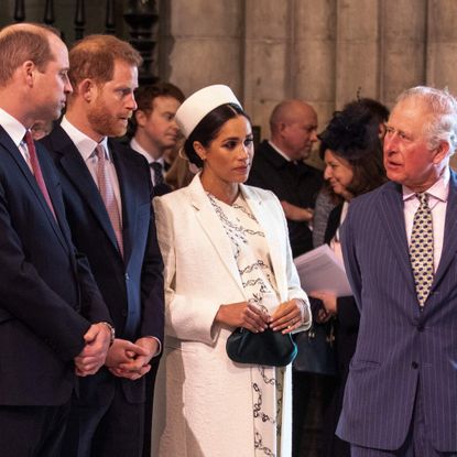britains meghan, duchess of sussex 2r talks with britains prince charles, prince of wales r as britains prince william, duke of cambridge, l talks with britains prince harry, duke of sussex, 2l as they all attend the commonwealth day service at westminster abbey in london on march 11, 2019 britains queen elizabeth ii has been the head of the commonwealth throughout her reign organised by the royal commonwealth society, the service is the largest annual inter faith gathering in the united kingdom photo by richard pohle pool afp photo by richard pohlepoolafp via getty images