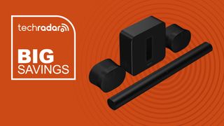 Sonos Ultimate Immersive Set in black on an orange background.