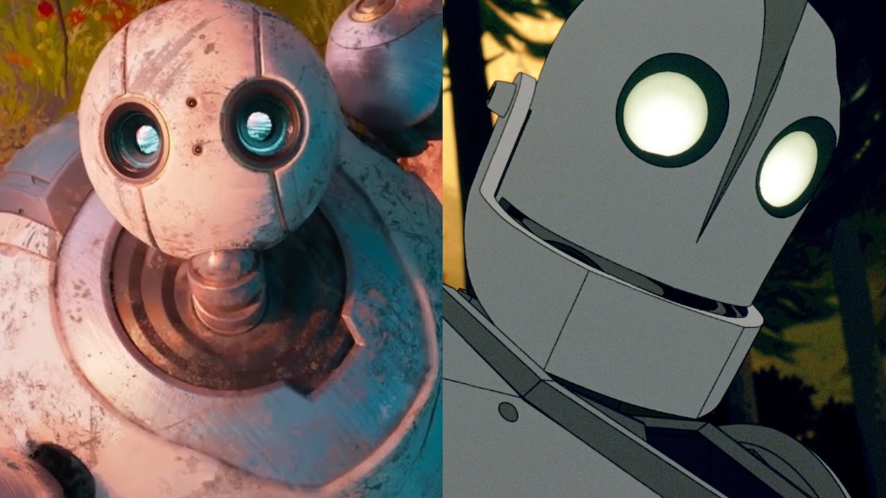 Side-by-side images of The Wild Robot and The Iron Giant's titular characters