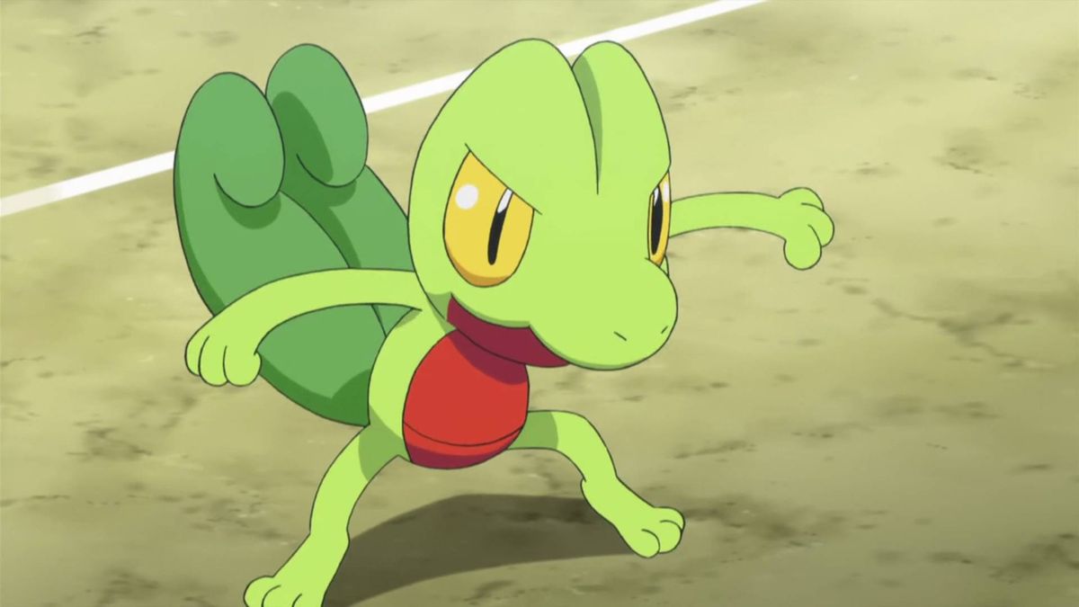 Treecko seen in the Pokemon anime, ready to fight.