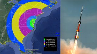 The map on the left shows where observers may be able to see the launch of NASA's Black Brant XII sounding rocket from Wallops Island, weather permitting. On the right is a photo of a four-stage Black Brant XII sounding rocket.