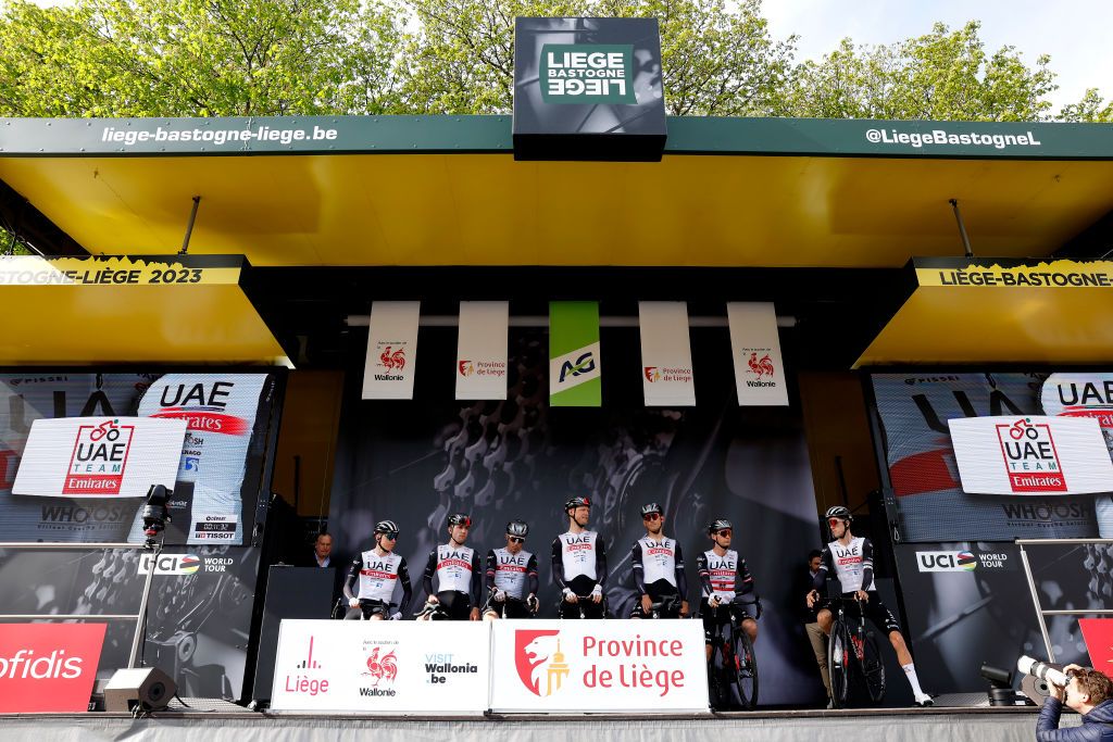 UAE Team Emirates at the start of the 2023 edition of Liège-Bastogne-Liège