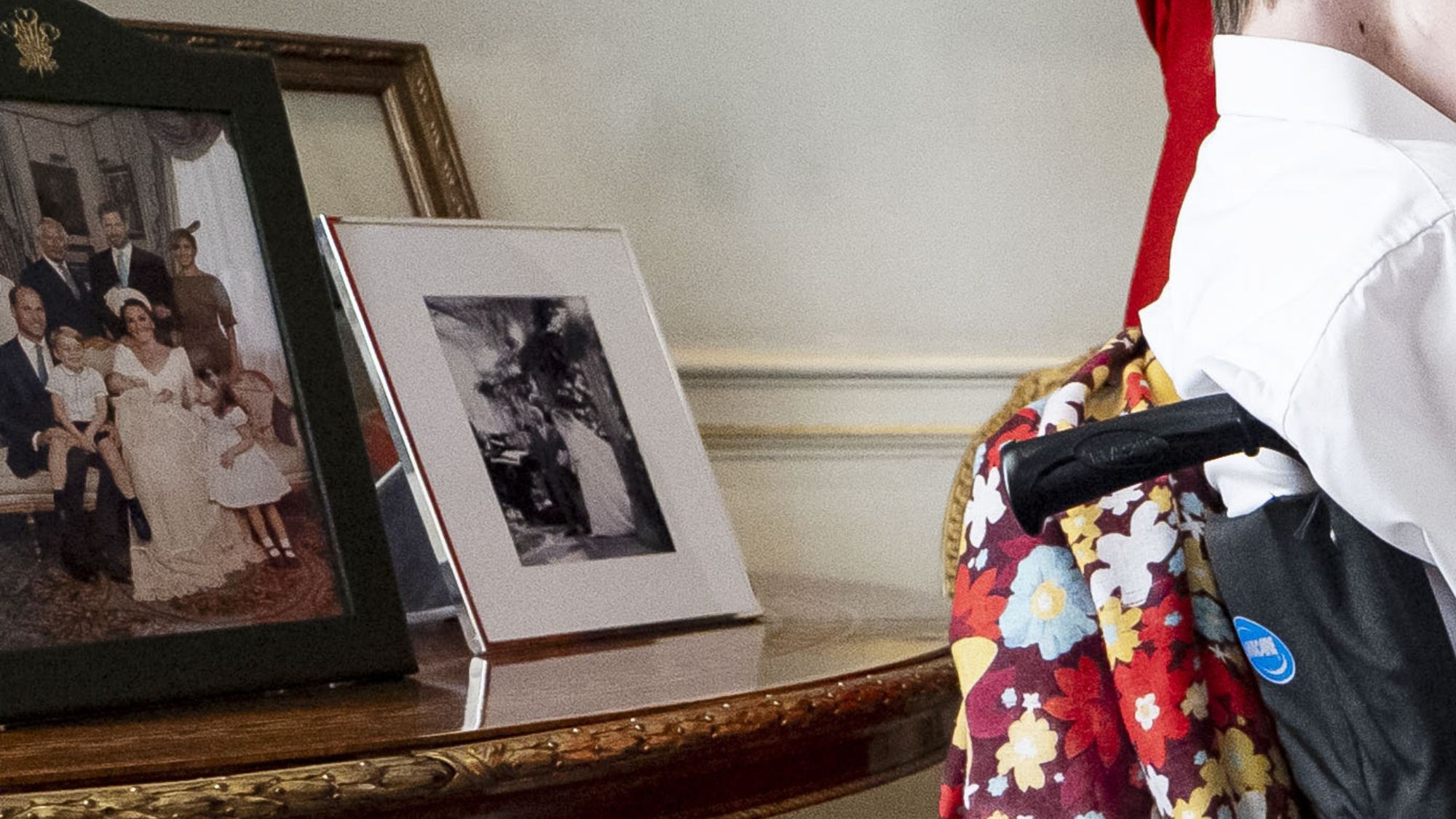 A framed photograph of King Charles and Meghan Markle on display in Clarence House
