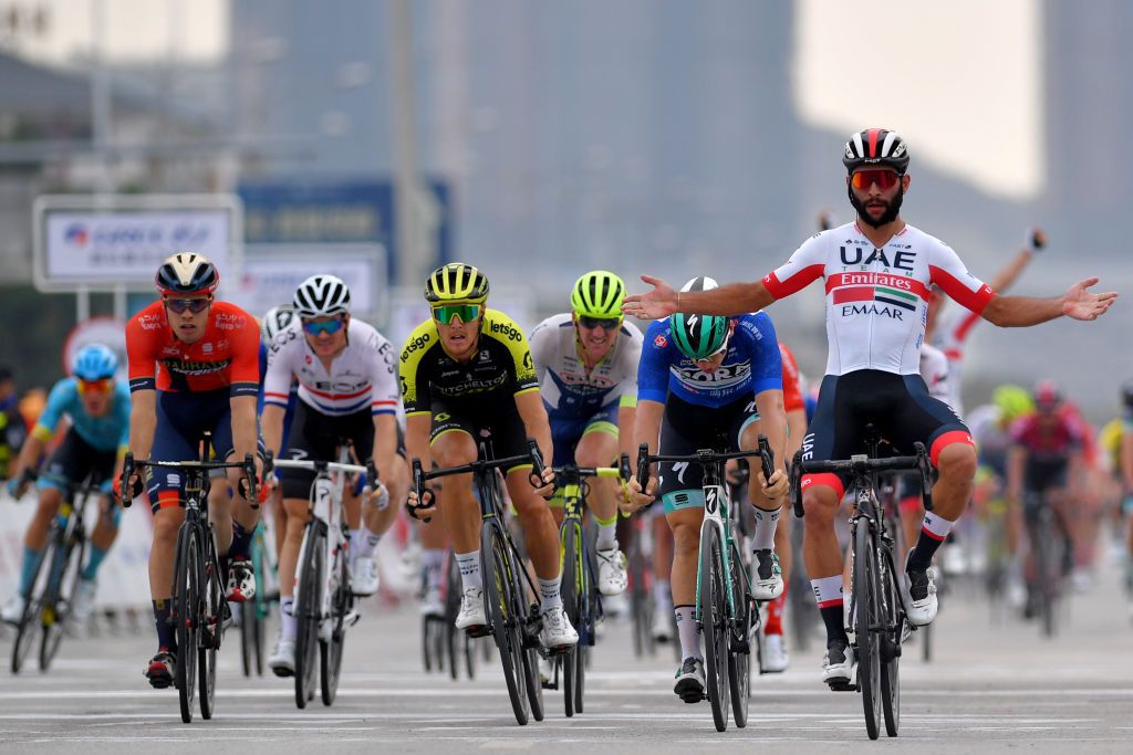Fernando Gaviria sits up and celebrates