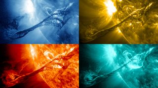 Four images of a filament on the sun from August 31, 2012 are shown here in various wavelengths of light as captured by NASA’s Solar Dynamics Observatory (SDO). Starting from the upper left and going clockwise they represent light in the: 335, 171, 304 and 131 Angstrom wavelengths.