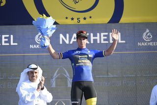 Dylan Groenewegen celebrates taking the overall lead in the Dubai Tour 2018 (Foto LaPresse - Fabio Ferrari)