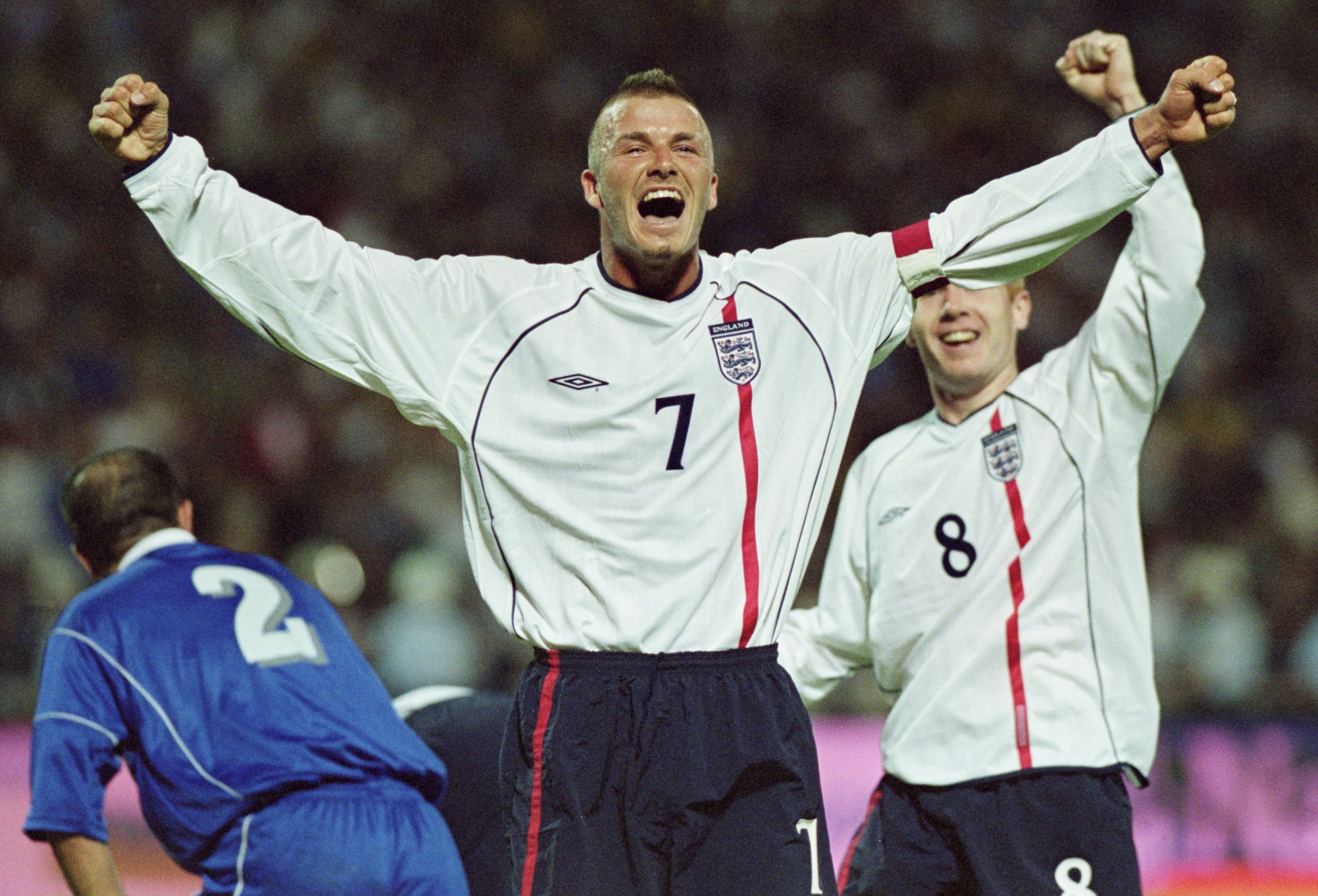 David Beckham celebrates after scoring a free-kick for England against Greece in World Cup qualifying in June 2001.