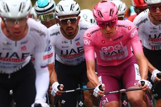 Pink Jersey Team UAE's Slovenian rider Tadej Pogacar (R) rides in the pack during the 3rd stage of the 107th Giro d'Italia cycling race, 166 km between Novara and Fossano, on May 6, 2024. (Photo by Luca Bettini / AFP)