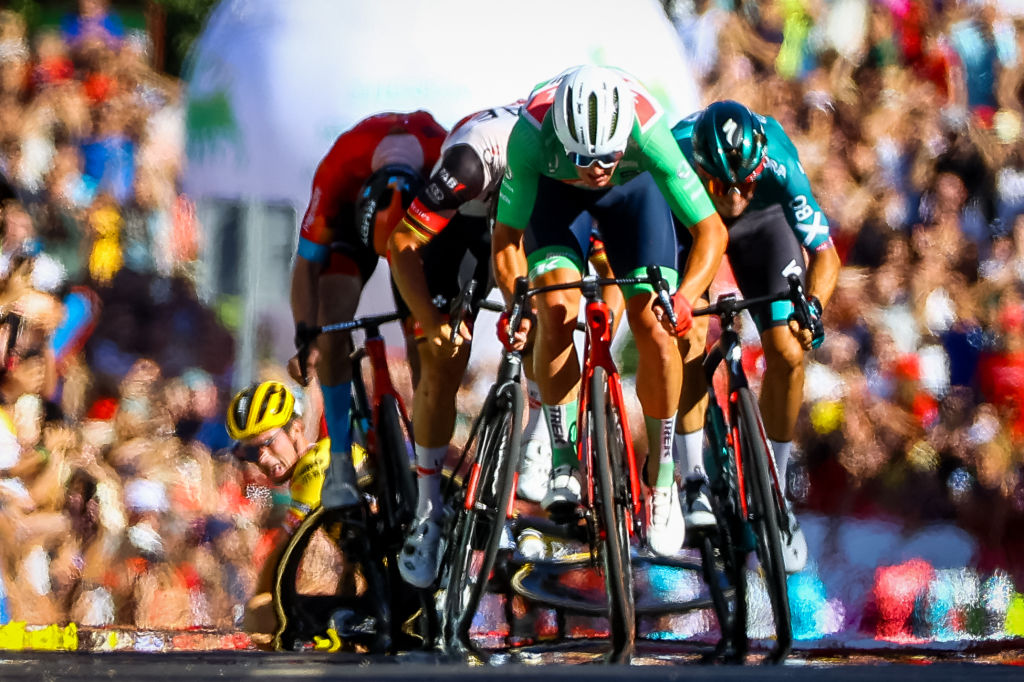 Slovenian Primoz Roglic of JumboVisma and Danish Mads Pedersen of TrekSegafredo sprint to the finish of stage 16 of the 2022 edition of the Vuelta a Espana Tour of Spain cycling race from Sanlucar de Barrameda to Tomares 1894 km Spain Tuesday 06 September 2022 BELGA PHOTO DAVID PINTENS Photo by DAVID PINTENS BELGA MAG Belga via AFP Photo by DAVID PINTENSBELGA MAGAFP via Getty Images