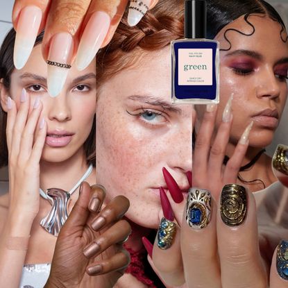 a collage of three women with dramatic makeup wearing manicures in pink, red, and chrome with close ups of manicures with bottles of nail polish
