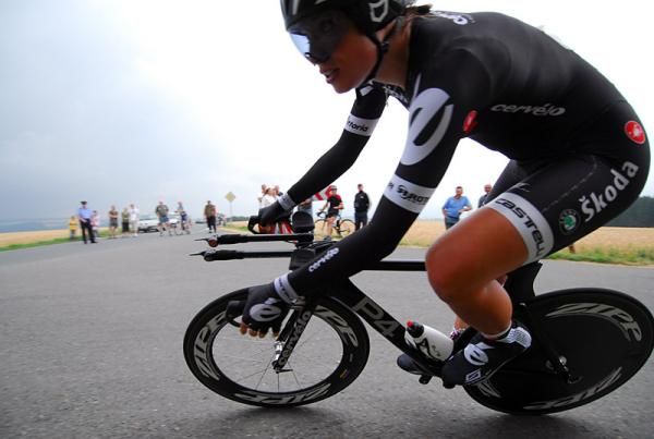 A Cervelo TestTeam rider tackles a corner.