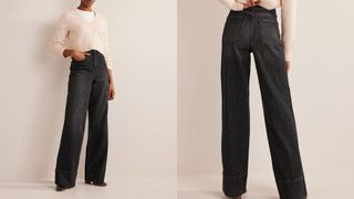 composite of model wearing black wide leg straight jeans from boden