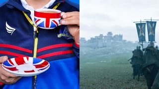 Side-by-side of Winterfell scene with the Boltons on Game of Thrones and Ted Lasso poster with him holding a U.K. tea cup.