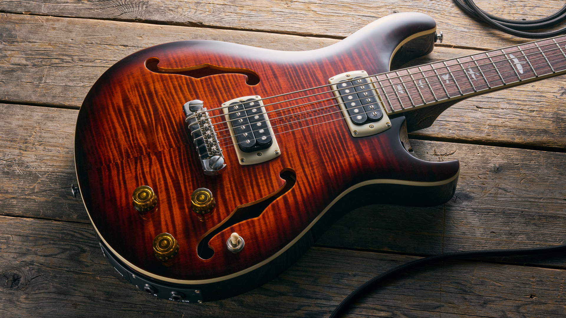 Close up of the body on the PRS SE Ed Sheeran Hollowbody I Piezo Baritone guitar