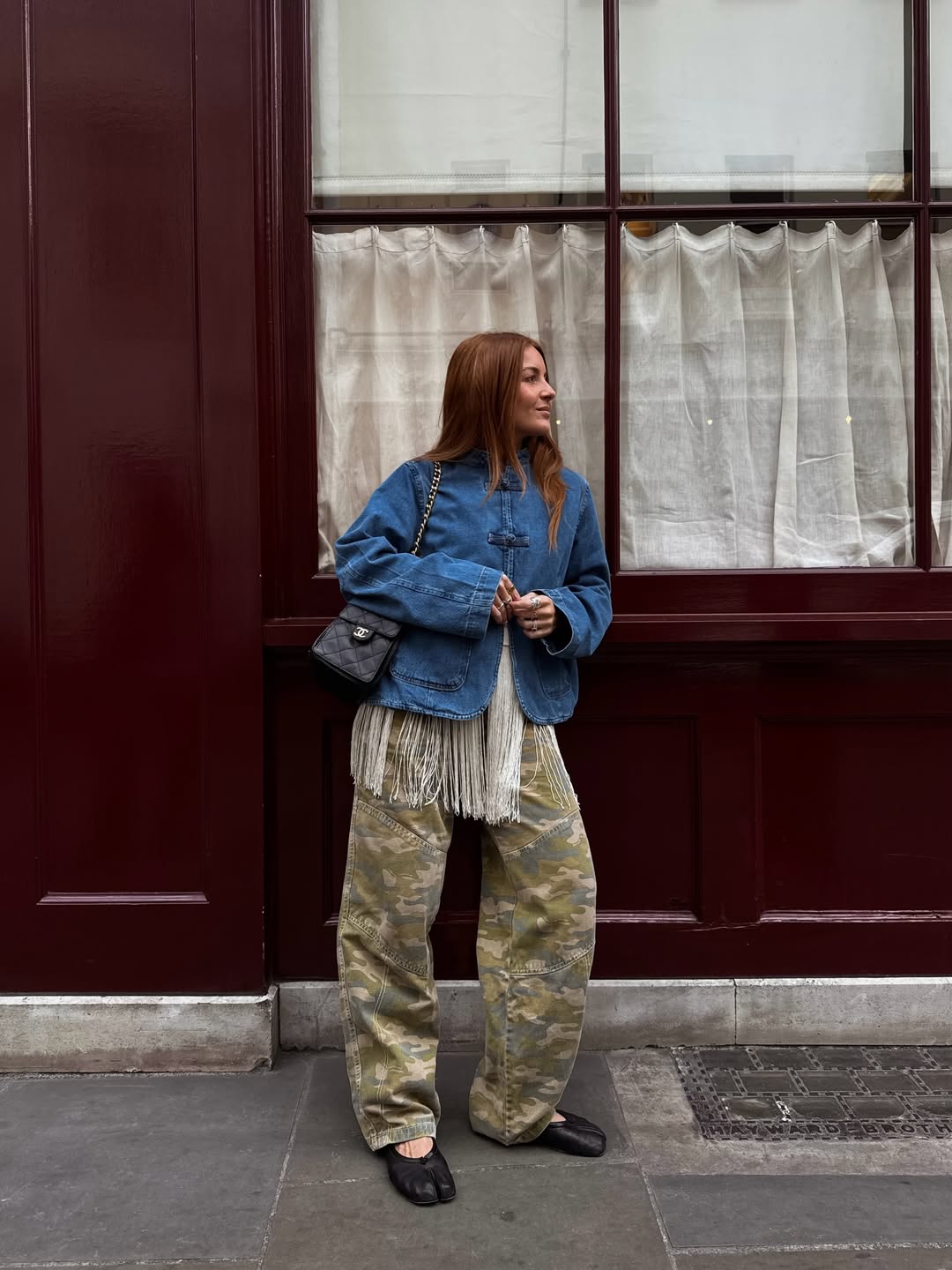 Rebecca in camo trousers and denim jacket