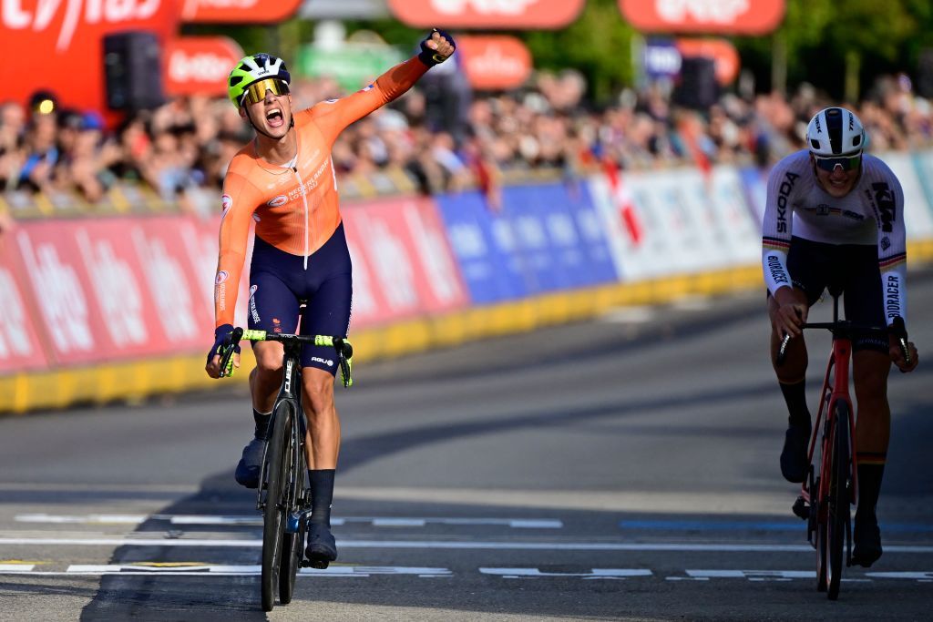 Dutch Huub Artz celebrates after winning the road race U23 Men at the European Championship 2024, in Hasselt, Friday 13 September 2024. The UEC Road European Championships 2024 will take place from 11 to 15 september in Limburg, Belgium. BELGA PHOTO DIRK WAEM (Photo by DIRK WAEM / BELGA MAG / Belga via AFP)