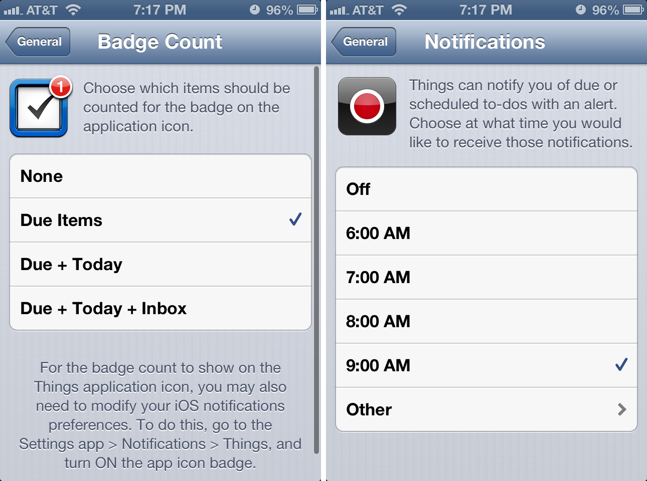 Things for iPhone notification settings