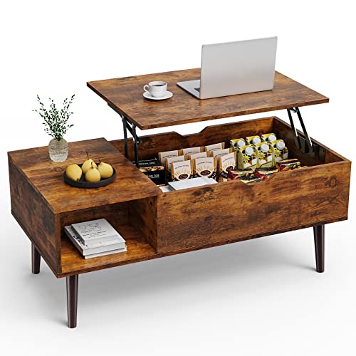 Sweetcrispy Coffee Table, Lift Top Coffee Tables for Living Room, Small Rising Wooden Dining Center Tables With Storage Shelf and Hidden Compartment, Brown