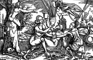 Witches preparing a love potion in a woodcut from the 16th century