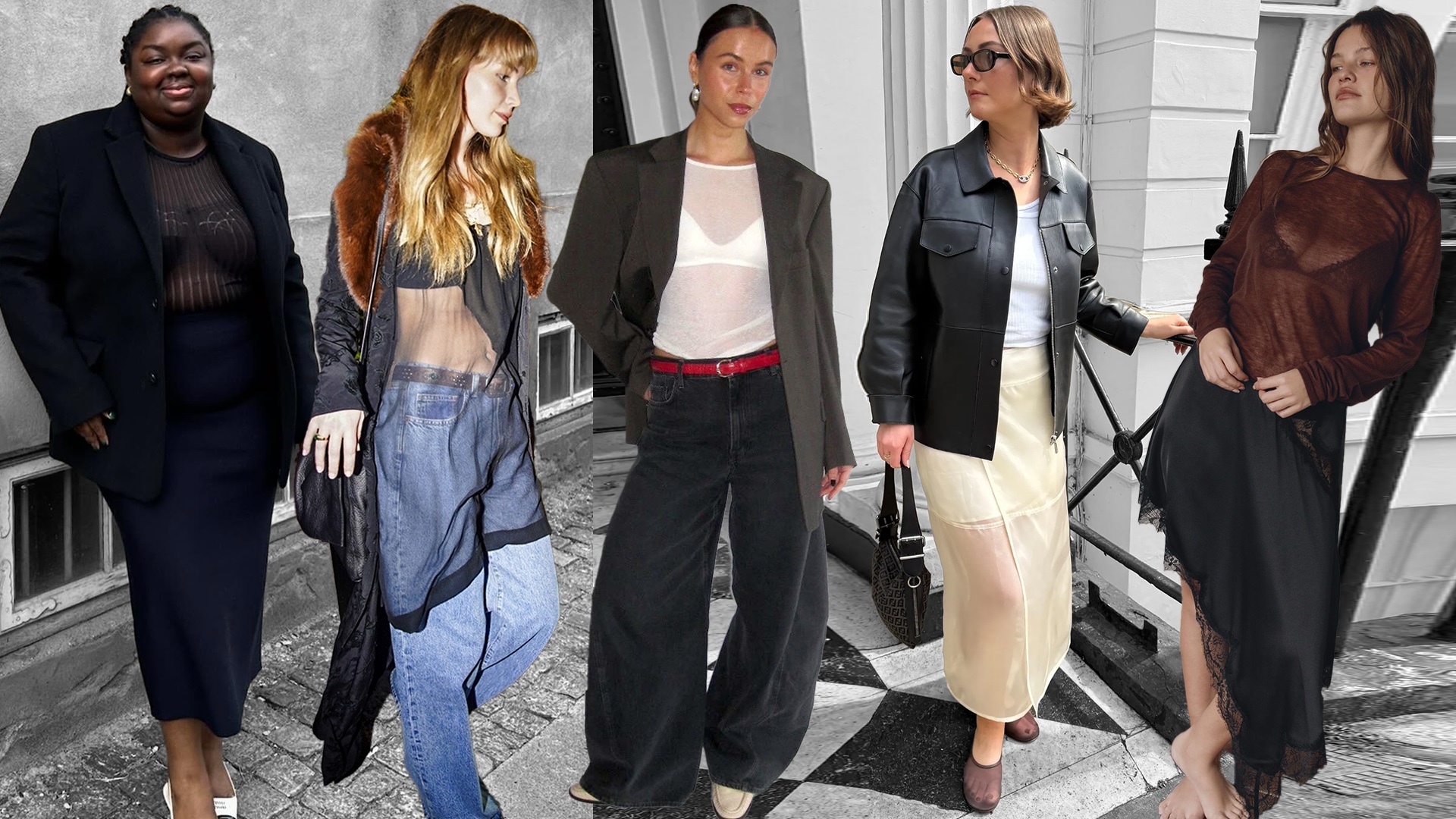 fashion collage featuring influencers and celebrities including Abisola Omole, Jennifer Lawrence, Johanna Lager, Sophie Robyn Watson, and a Zara model wearing the sheer outfit trend for 2026