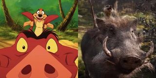 Timon and Pumbaa side by side, 1994 original and 2019 live-action Lion King