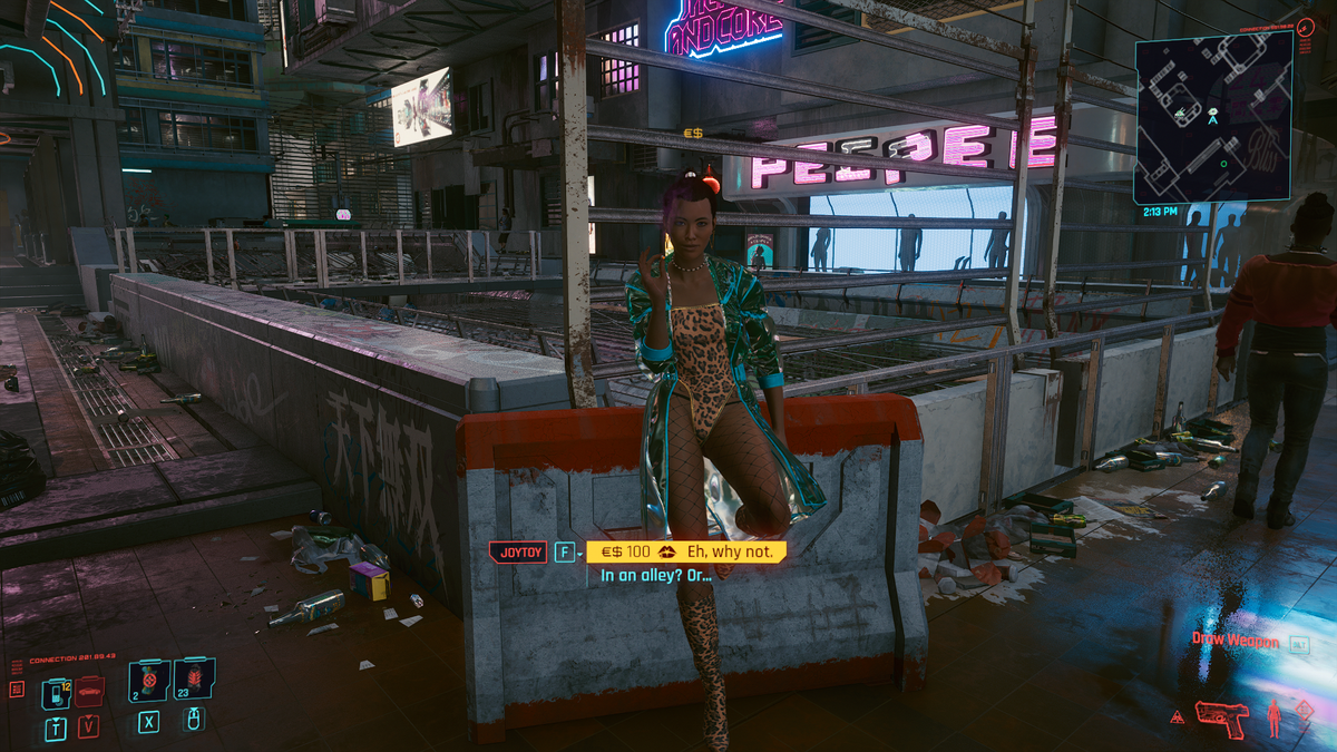 Cyberpunk 2077 Joytoy locations - a female joytoy standing smoking while looking at the camera
