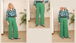 Julie Player wearing green high wasited trousers
