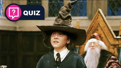 A still from Harry Potter and the Philosopher's Stone, showing Ron Weasley being judged by the Sorting Hat.