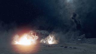 Still from the space game Starfield. A spaceship is using explosive power to launch off from a gray, rocky planet. In the background you can see a black starry night sky dotted with stars.