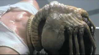 Screenshot of the 'facehugger' scene in the 1979 film Alien, showing the facehugger prop.