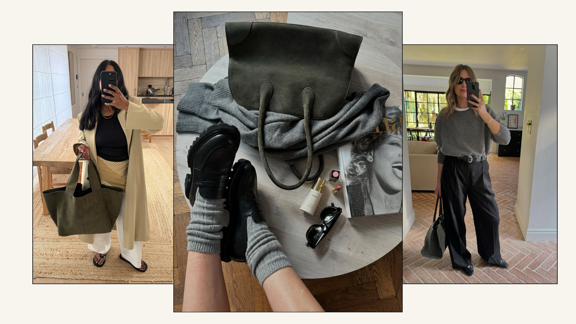 Stylish women wearing khaki suede bags